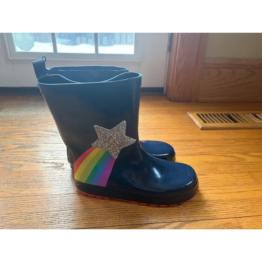 Wonder Nation Kids Rainbow Shooting Star Rain Boots Navy Blue Pink‎ Size 2-3